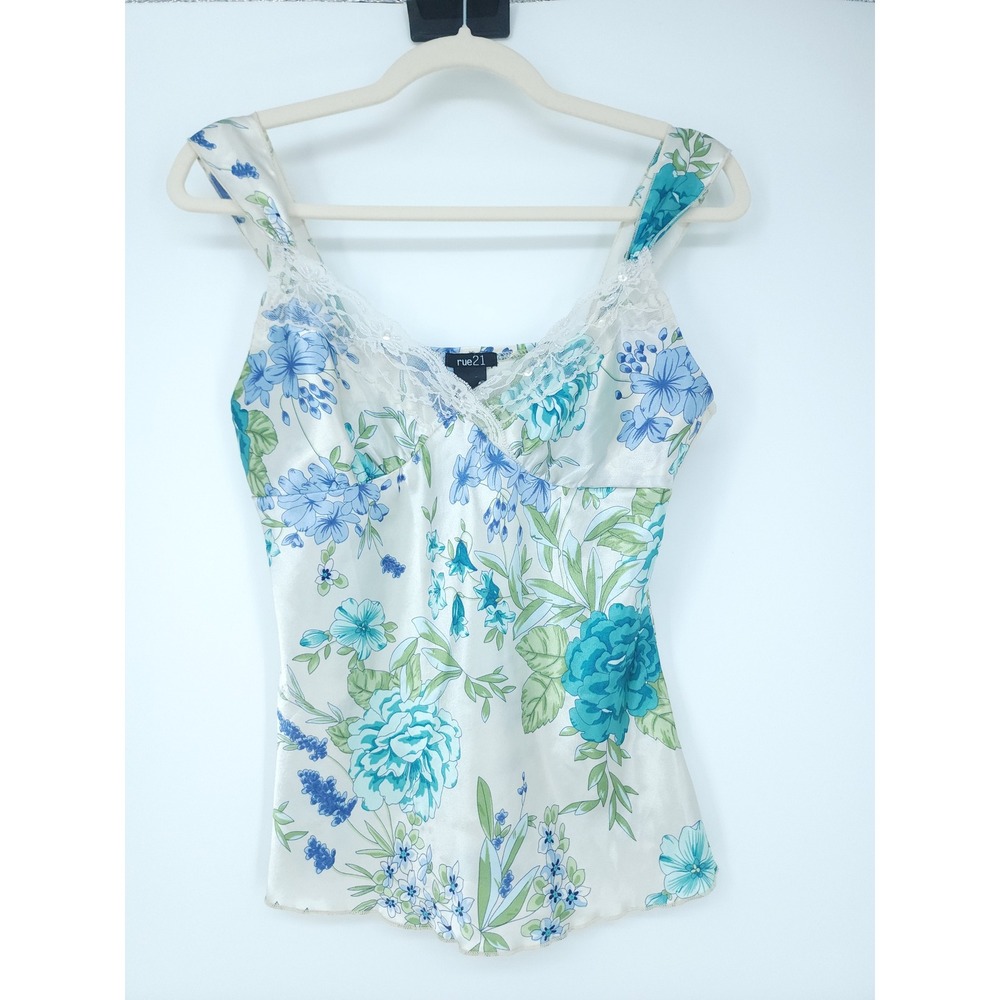 VTG rue21 Cami Tank Top Women S Blue Floral Satin Beaded LaceTrim Y2K Fairy READ